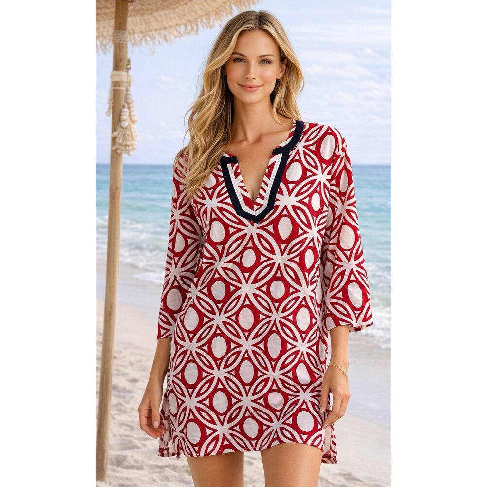 Talbots Tunic V Neck Beach Coverup Top XL Cotton Red White Blue July 4th Coastal